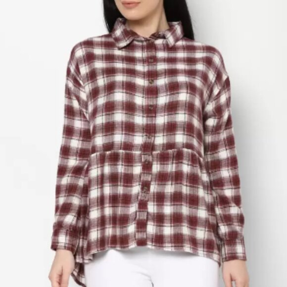 American Eagle Plaid Babydoll Peplum Flannel Button Down Shirt Burgundy M - Picture 1 of 13